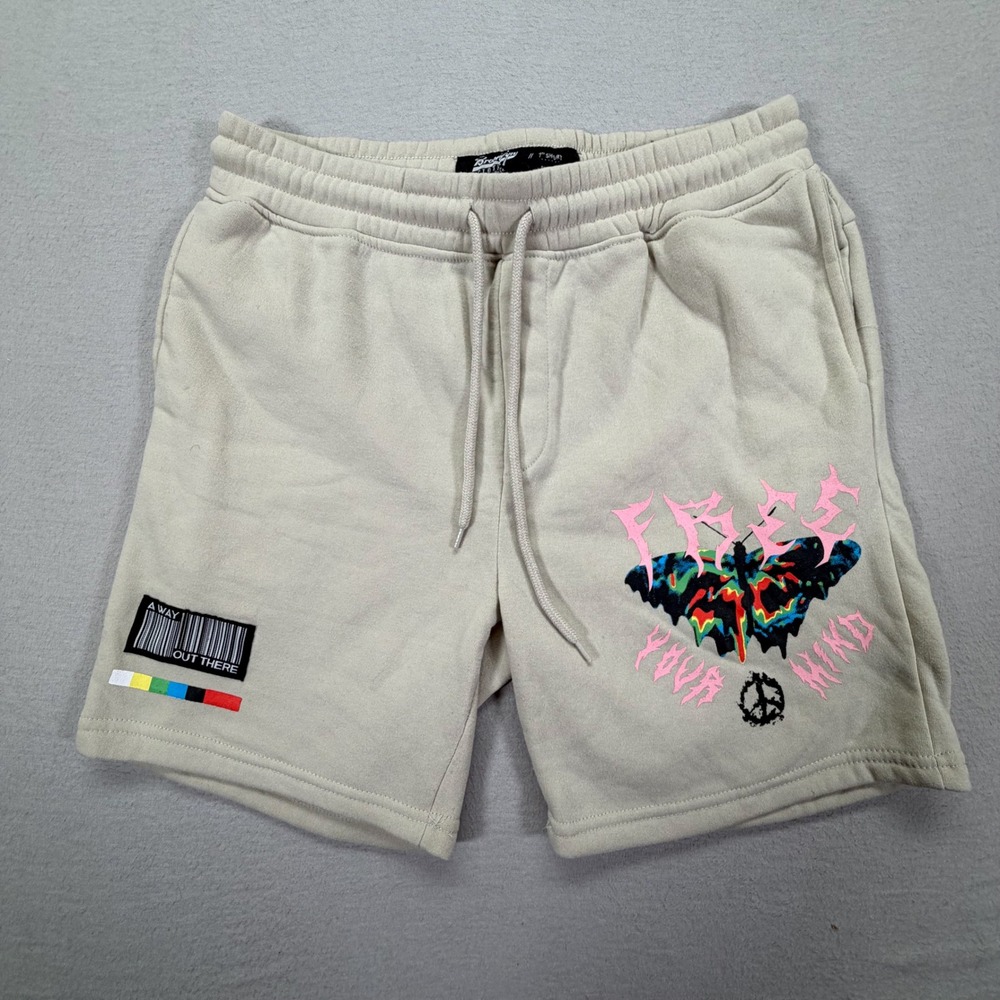 Brooklyn Cloth Shorts Mens Medium Tan Free Your Mind Butterfly Graphic 7"
